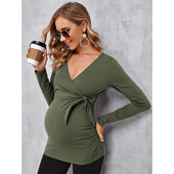 Maternity Solid Nursing v neck long sleeve Tee tie front black - Picture 11 of 11